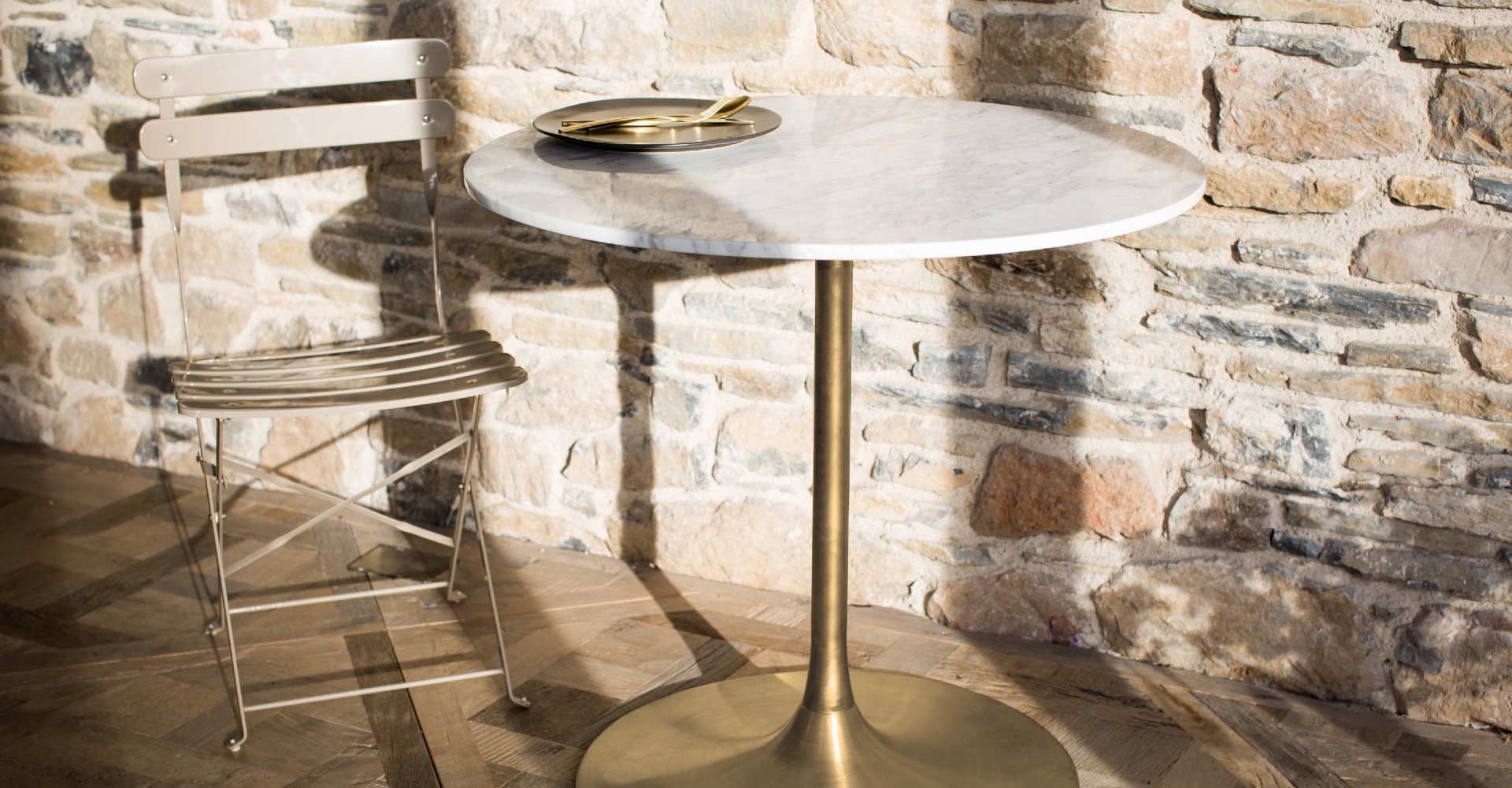 Swan Small Dining Table With White Marble Top & Brass Pedestal © GillmoreSPACE Ltd