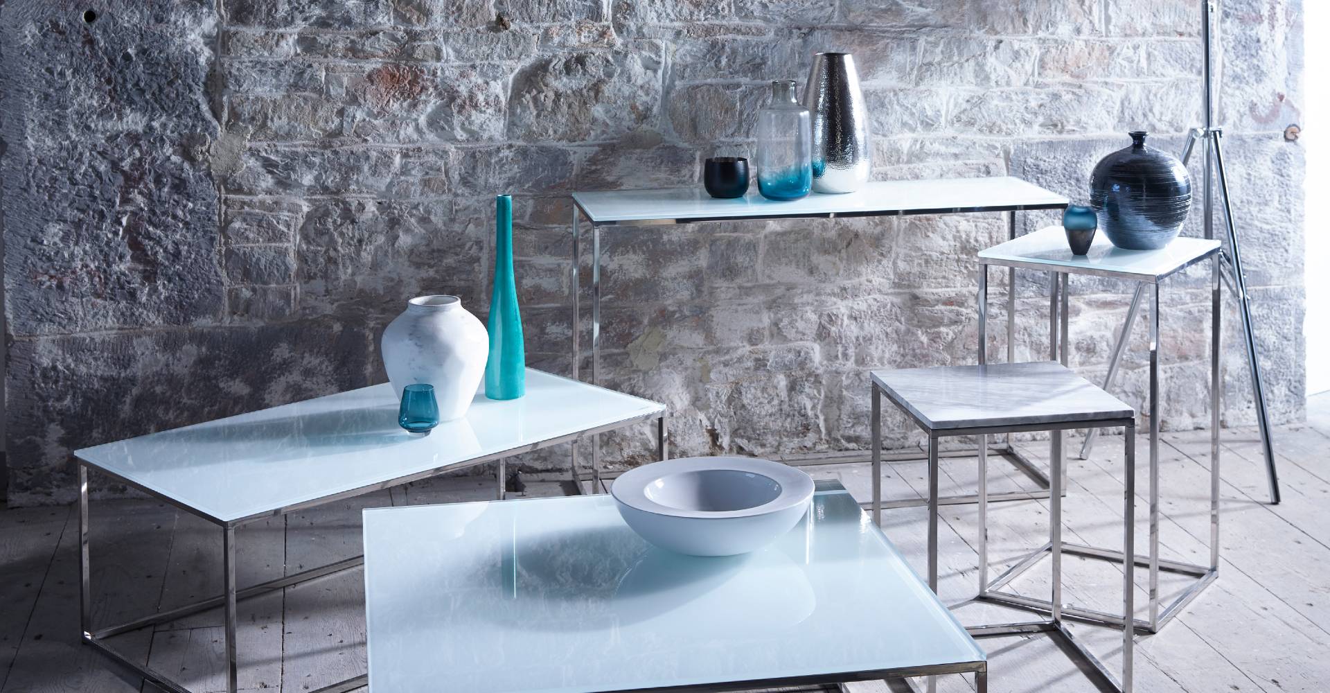 Kensal Square Tables White Glass With Chrome Base by Gillmore © GillmoreSPACE Ltd