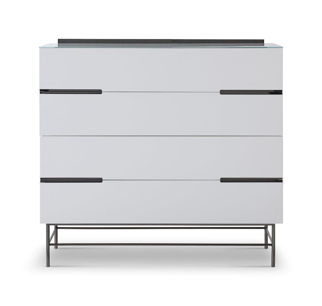 Four Drawer Wide Chest White With Dark Chrome Accent