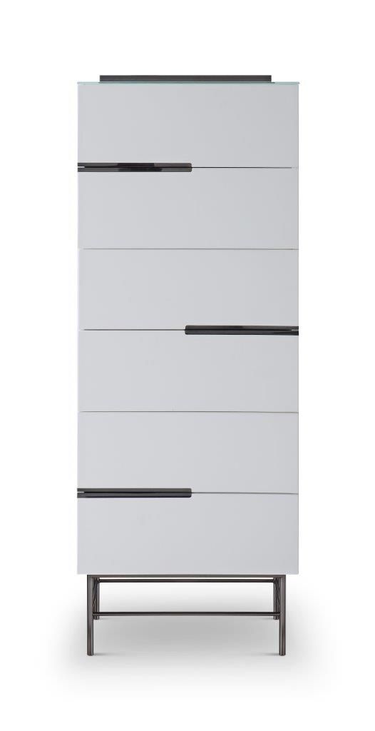 Six Drawer Tall Narrow Chest White With Dark Chrome Accent