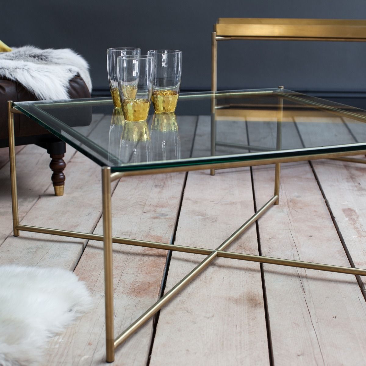 Square Coffee Table Clear Glass With Brass Frame