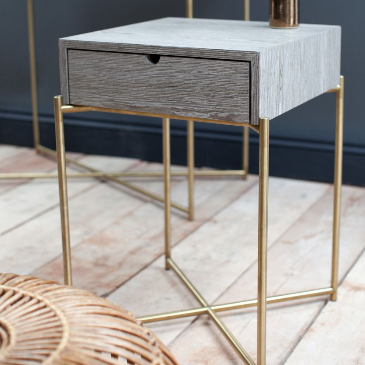 Square Side Table With Drawer Weathered Oak Brass Frame