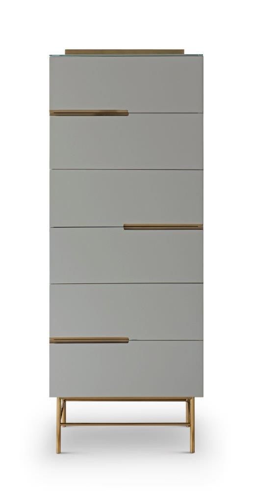 Six Drawer Tall Narrow Chest Grey With Brass Accent
