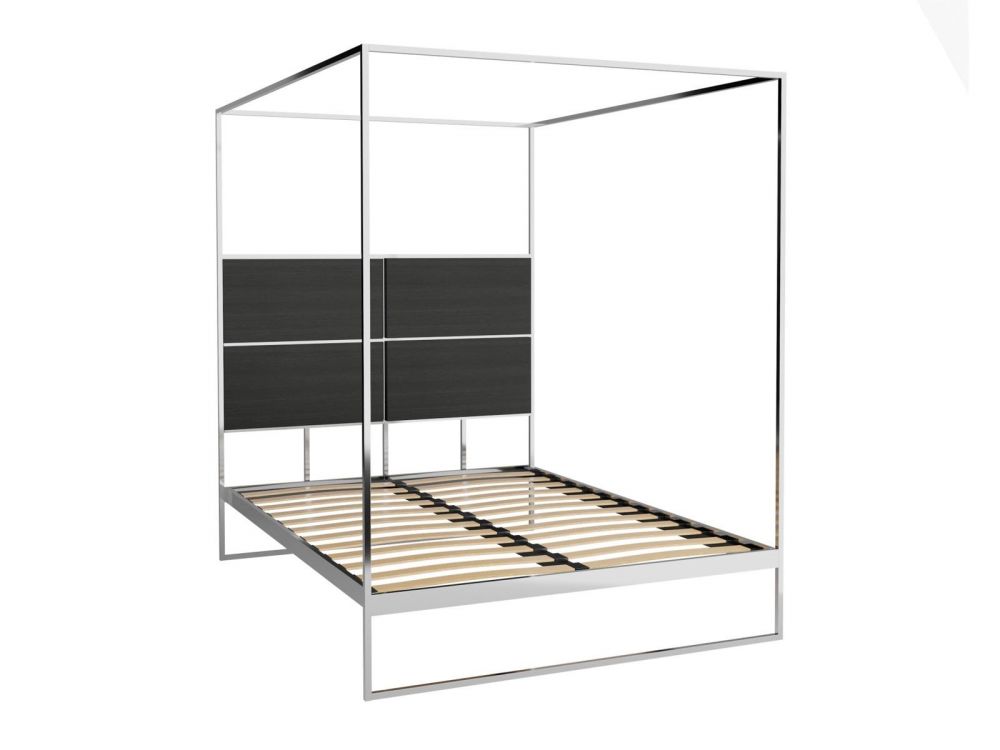 Polished Frame & Black Stained Oak Veneer Double Canopy Bed 