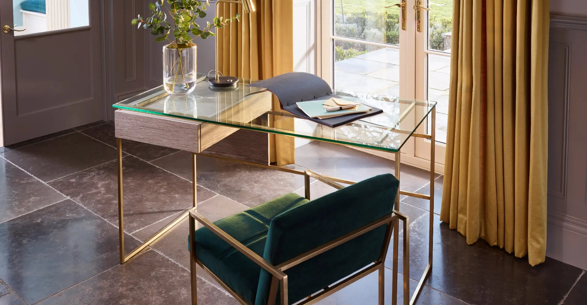 glass-table-and-velvet-modern-chair