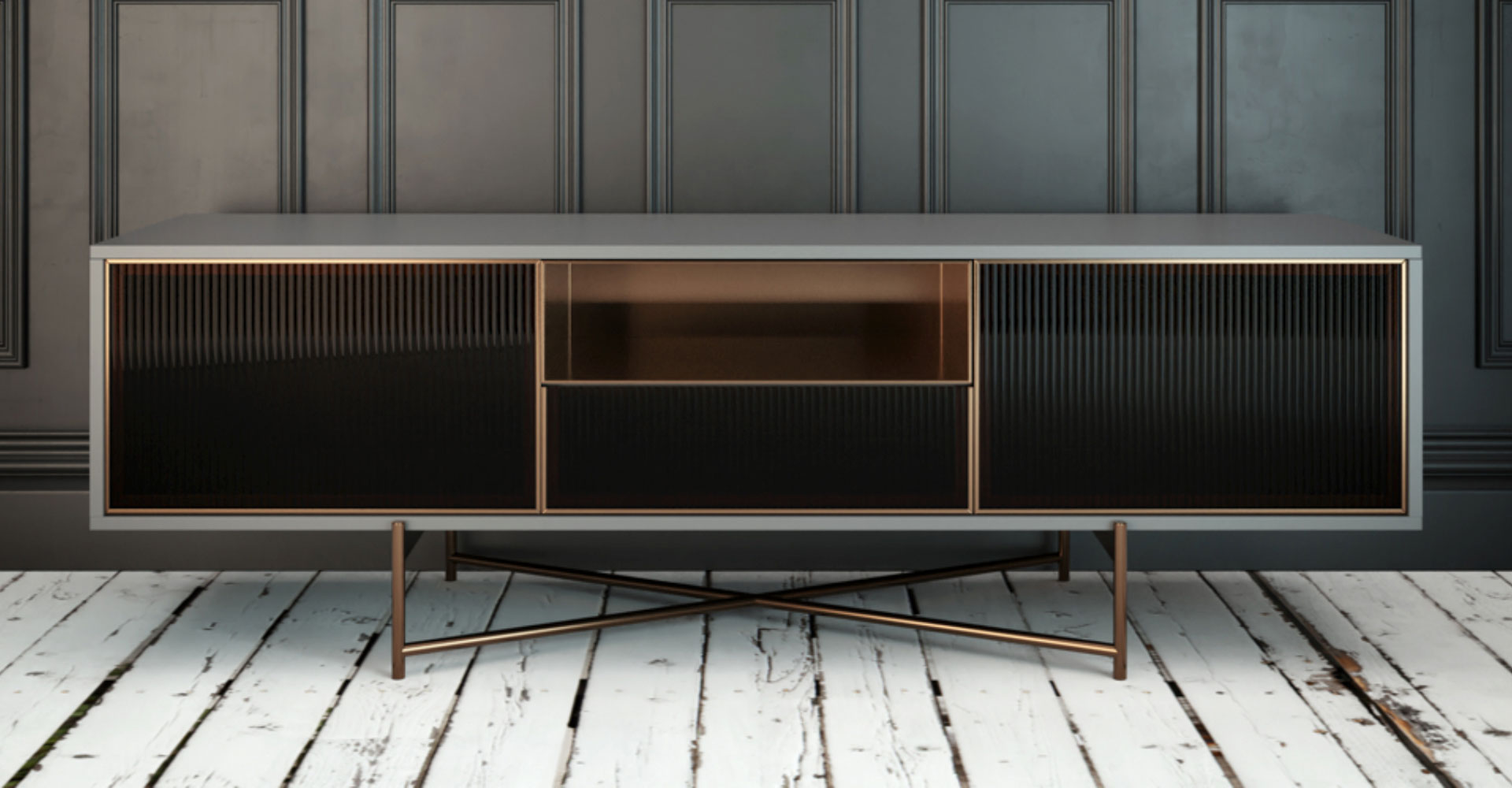 Adriana Media Unit - Mixing Materials - Fluted Glass, Bronze, Grey Wood Veneer - Gillmore British Design