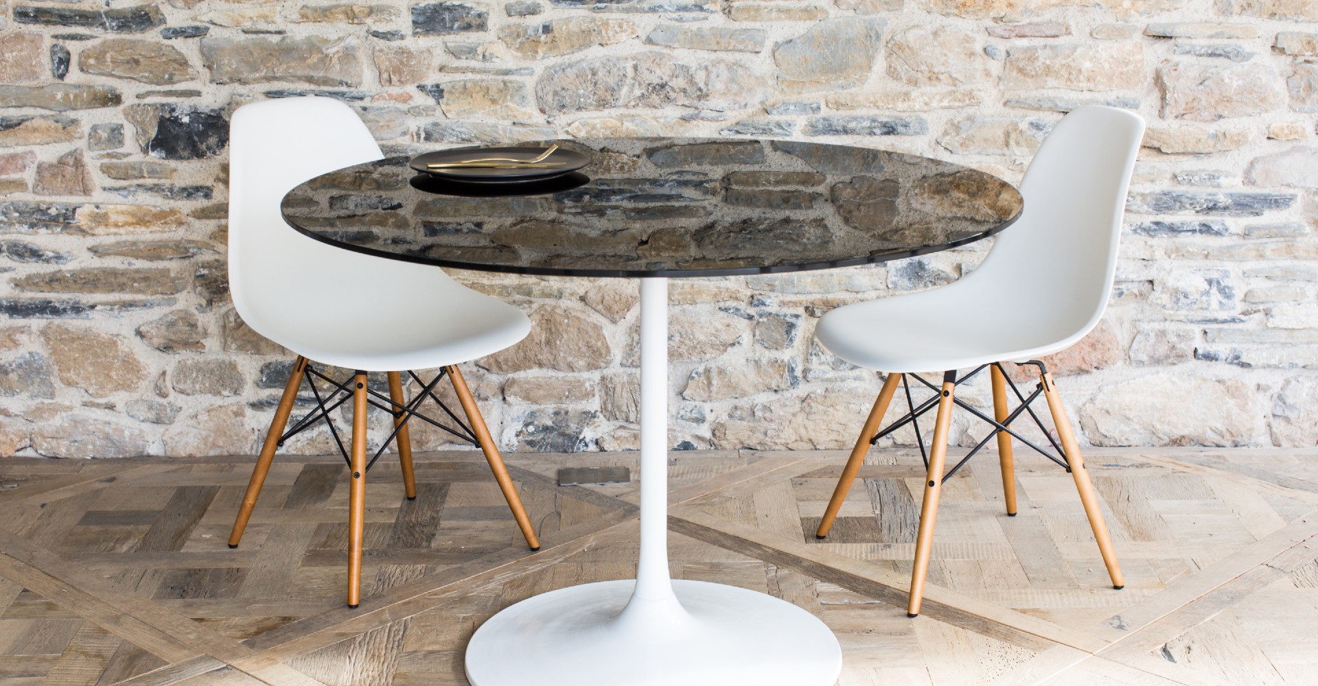 Swan Dining Table With Black Glass Top & White Pedestal © GillmoreSPACE Ltd