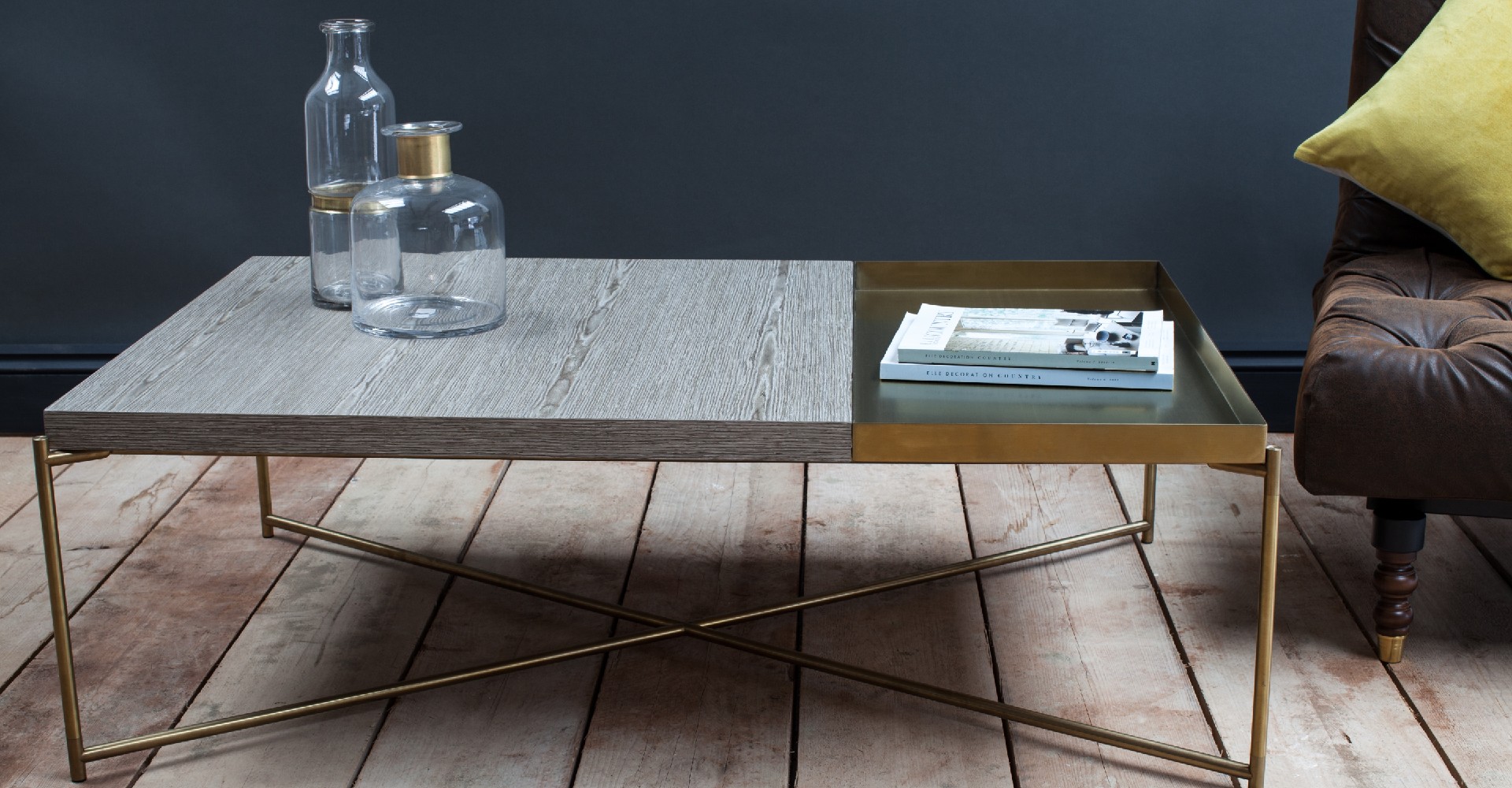 Iris Brass Tray Top Weathered Oak Coffee Table by Gillmore © GillmoreSPACE Ltd 