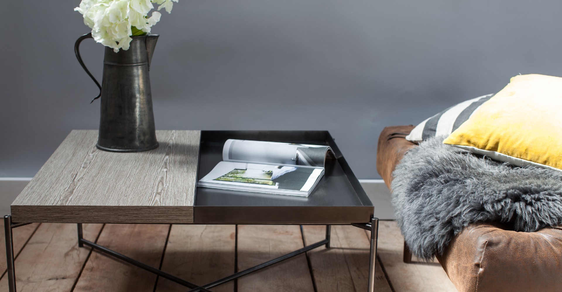 Iris Gun Metal Tray Top Weathered Oak Coffee Table by Gillmore © GillmoreSPACE Ltd