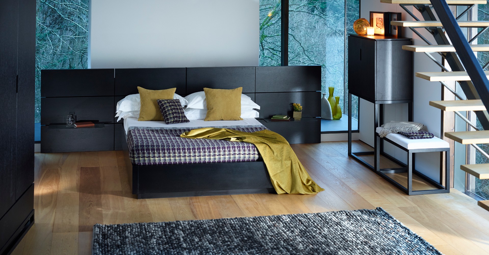 Cordoba King Bed With Large Paneled Headboard & Glass Shelves © GillmoreSPACE Ltd