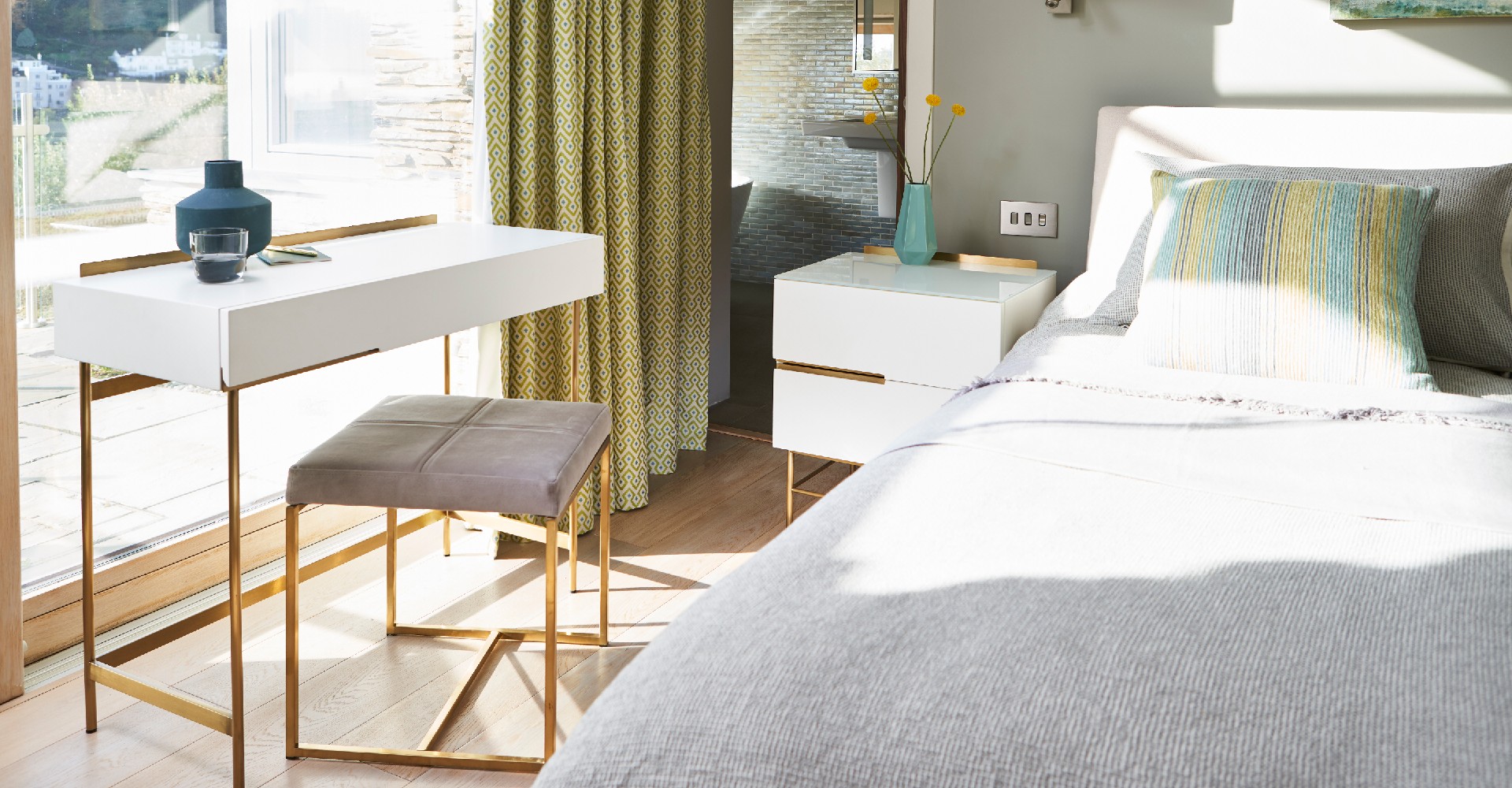 Alberto White Dressing Table With Brass Base ft. Federico Upholstered Stool © GillmoreSPACE Ltd