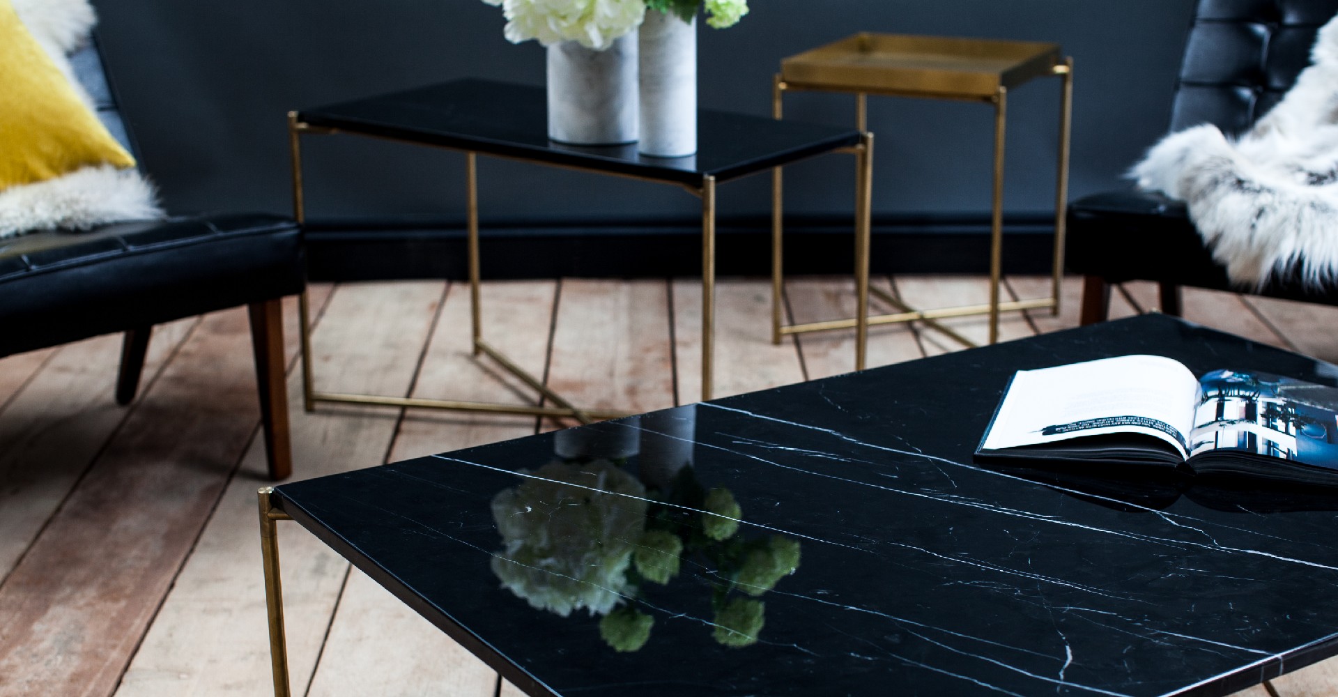 Iris Black Marble And Brass Base Coffee Table by Gillmore © GillmoreSPACE Ltd