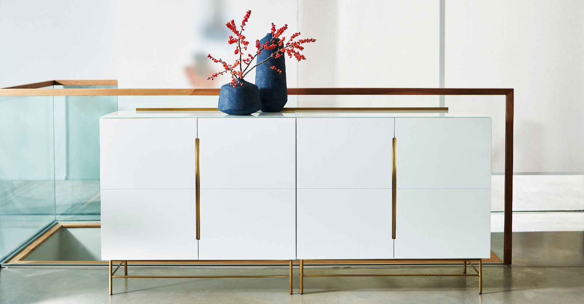 Alberto White Four Door Sideboard With Brass Accents & Base © GillmoreSPACE Ltd