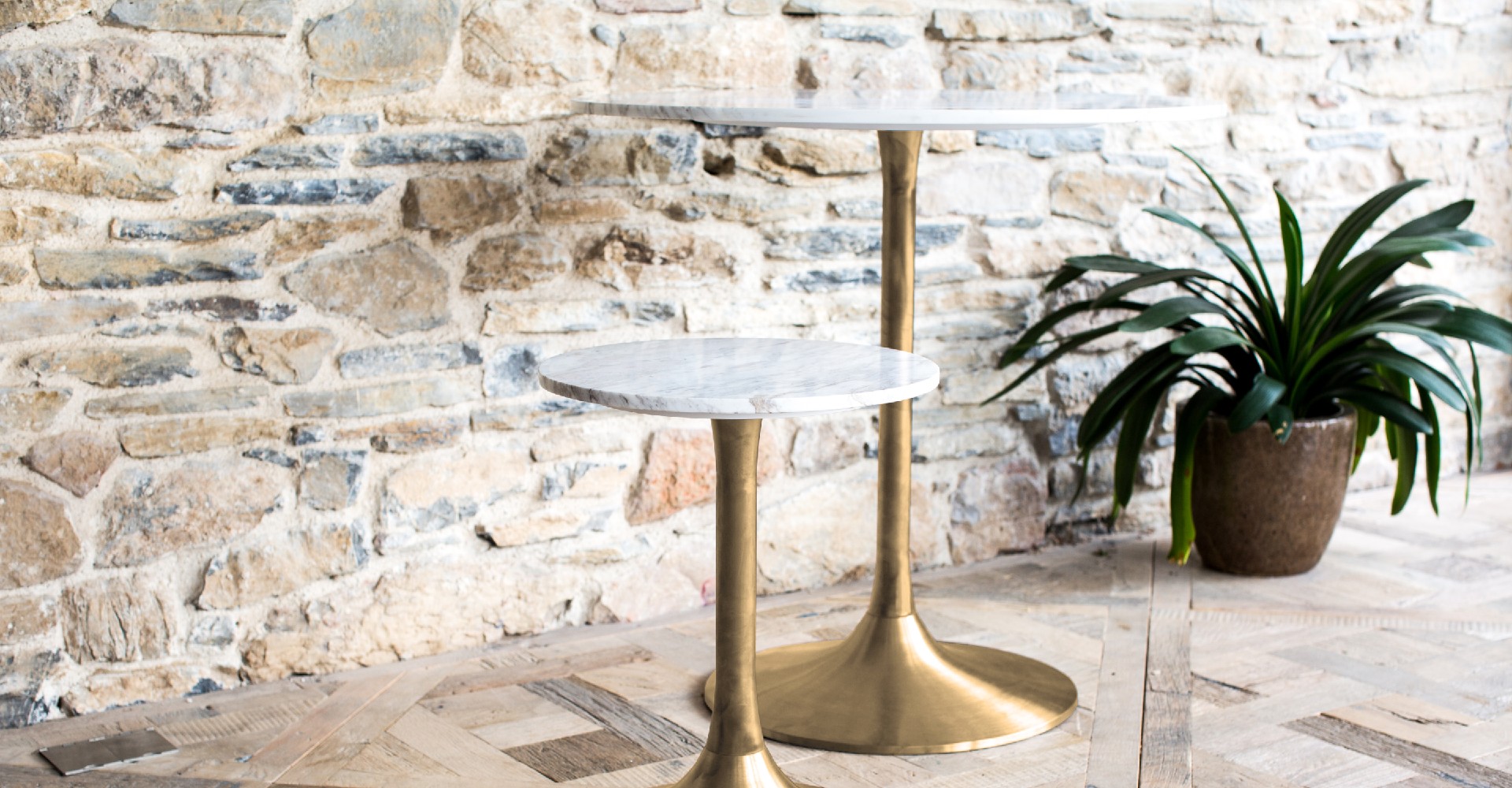 Swan Bistro Table & Side Table With White Marble Tops & Brushed Brass Pedestals © GillmoreSPACE Ltd