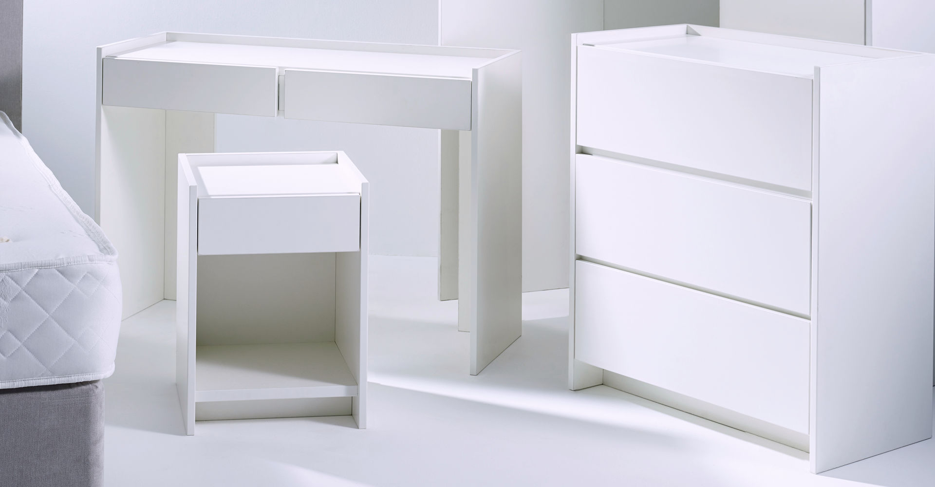 Essentials All White Bedroom Set ft. Chest of Drawers, Bedside & Dressing Tables © GillmoreSPACE Ltd