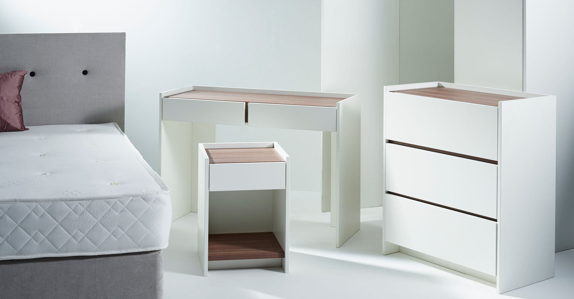 Essentials Walnut & White Bedroom Set ft. Chest of Drawers, Bedside & Dressing Tables © GillmoreSPACE Ltd