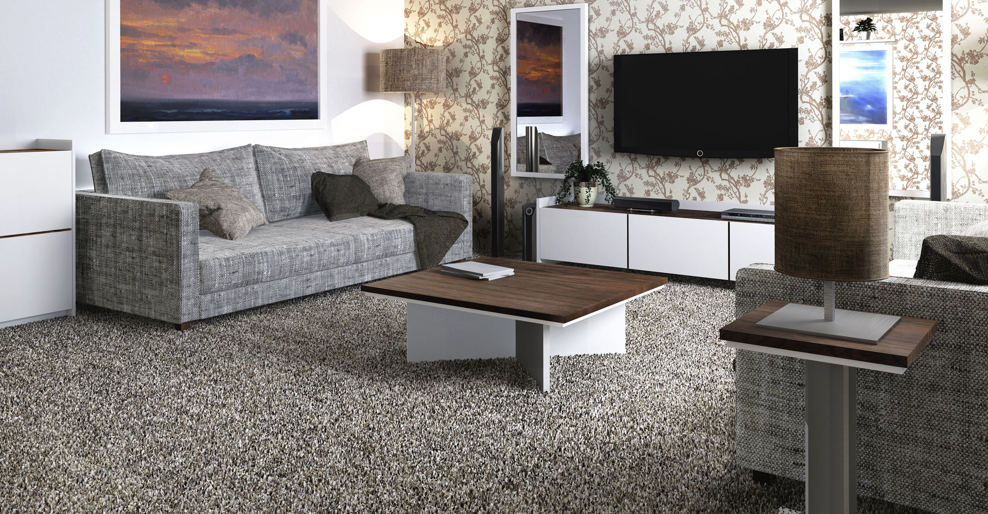 Essentials Walnut & White Living Room Set ft. Low TV & Media Unit, Square Coffee & Side Tables © GillmoreSPACE Ltd