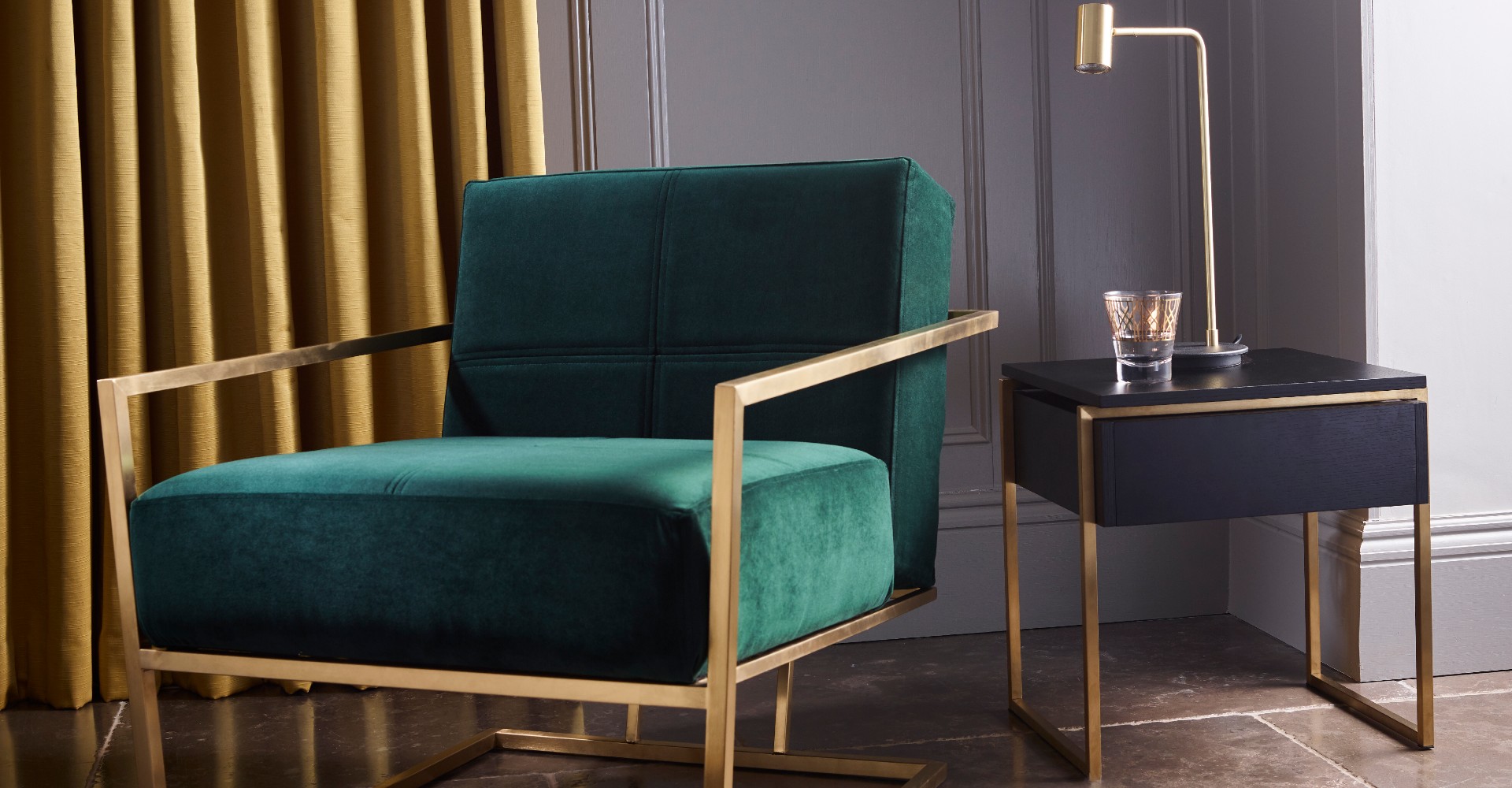 Federico Brushed Brass And Green Upholstery Armchair by Gillmore © GillmoreSPACE Ltd