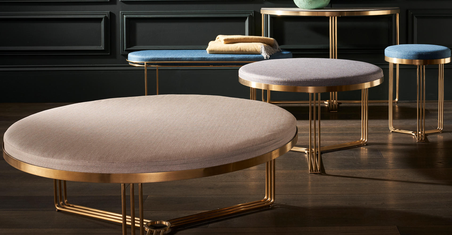 Finn Brass Tables With Assorted Upholstered Tops by Gillmore © GillmoreSPACE Ltd