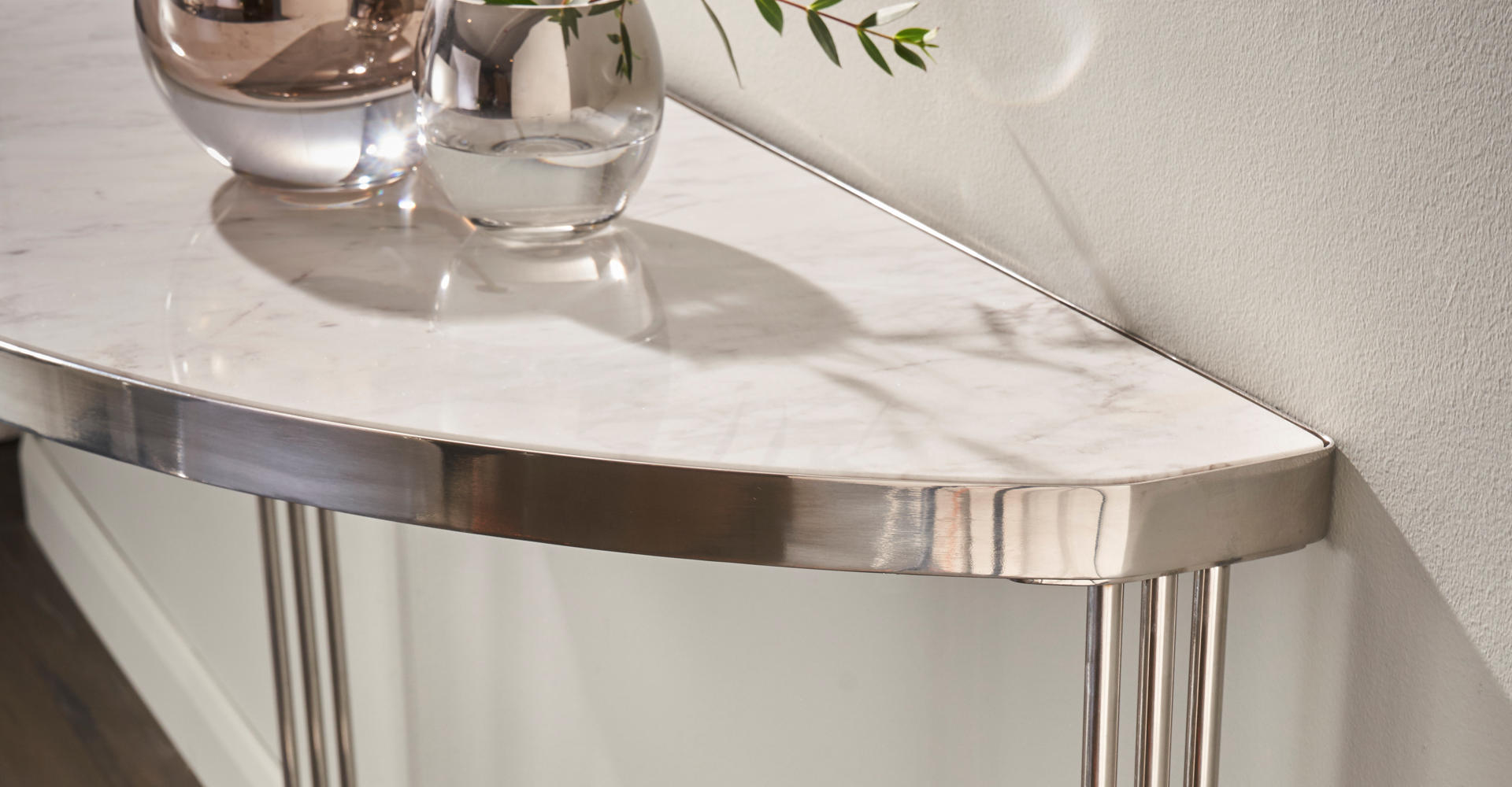 Finn White Marble & Polished Chrome Demi Lune Console Table Detail © GillmoreSPACE Ltd