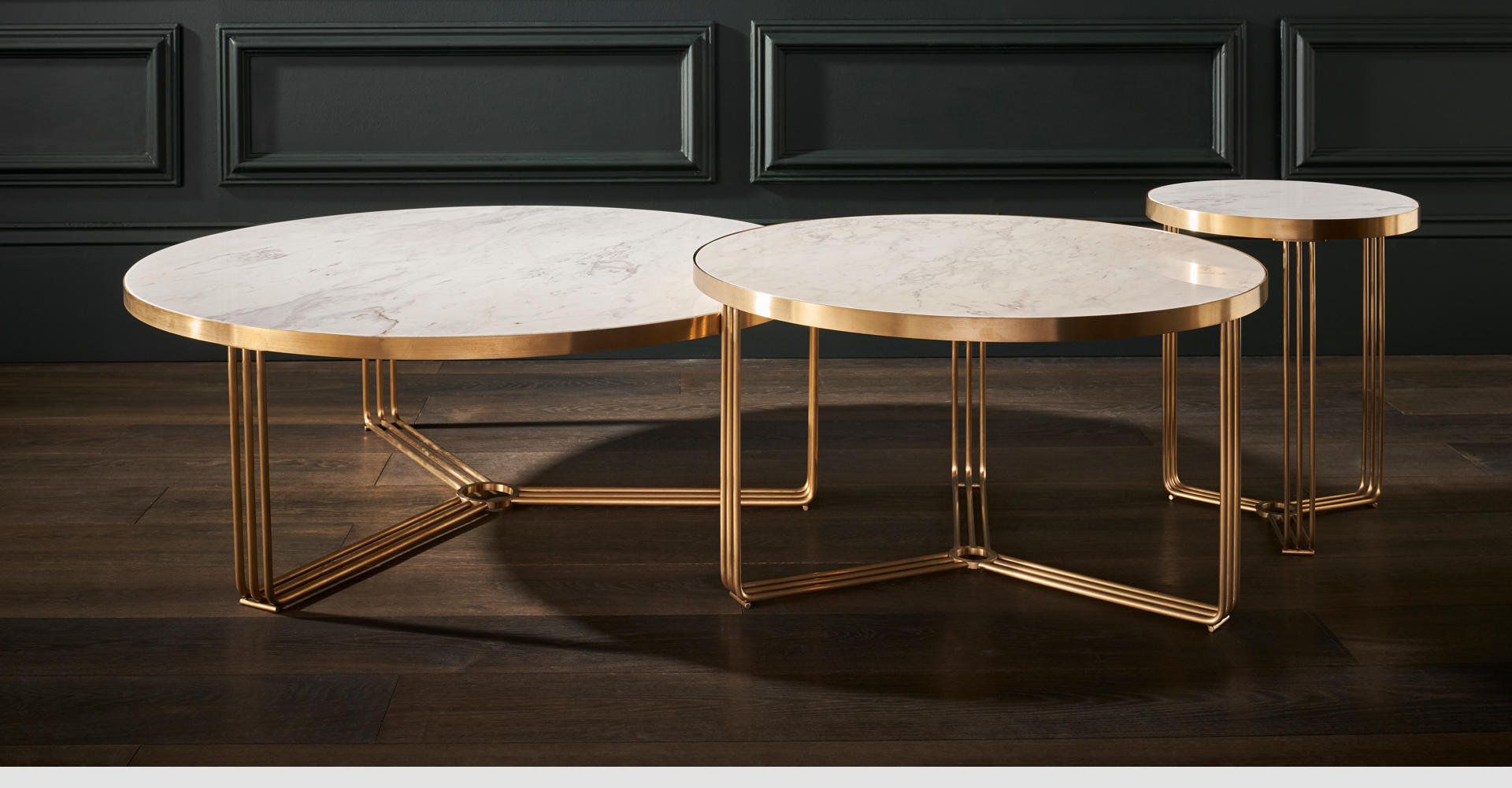 Finn Nested Coffee & Side Tables With Brushed Brass Frames & White Marble Tops © GillmoreSPACE Ltd