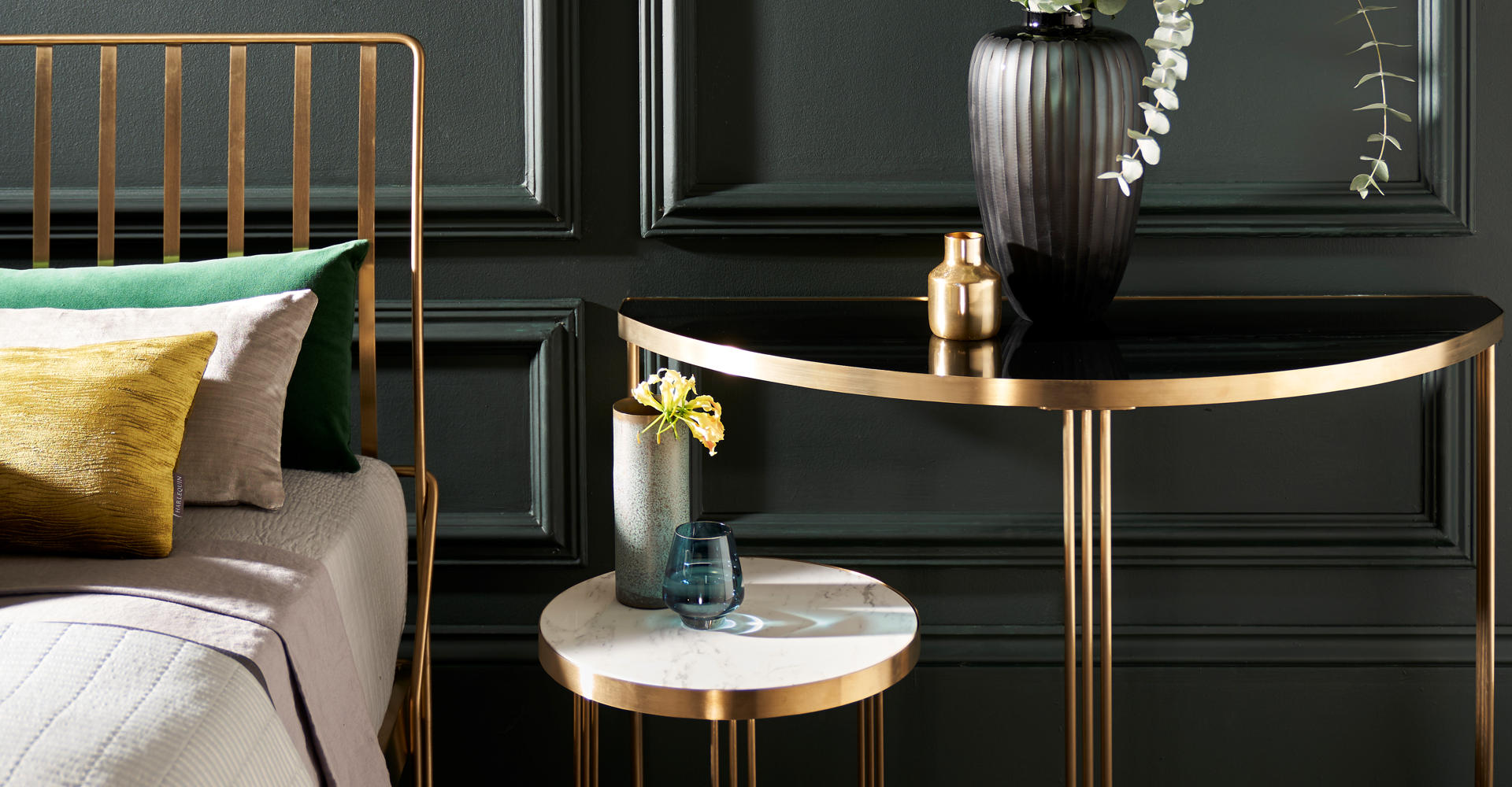 Finn Brass Bed, Side Table & Demi Lune Console Table by Gillmore © GillmoreSPACE Ltd