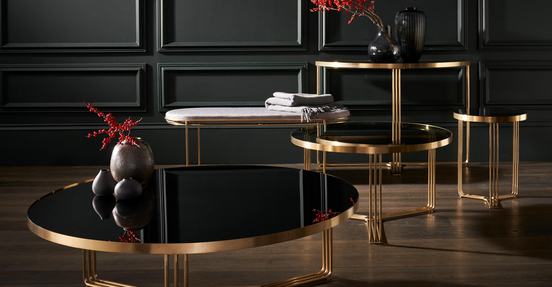 Finn Black Glass & Brass Base Tables & Upholstered Ottoman © GillmoreSPACE Ltd