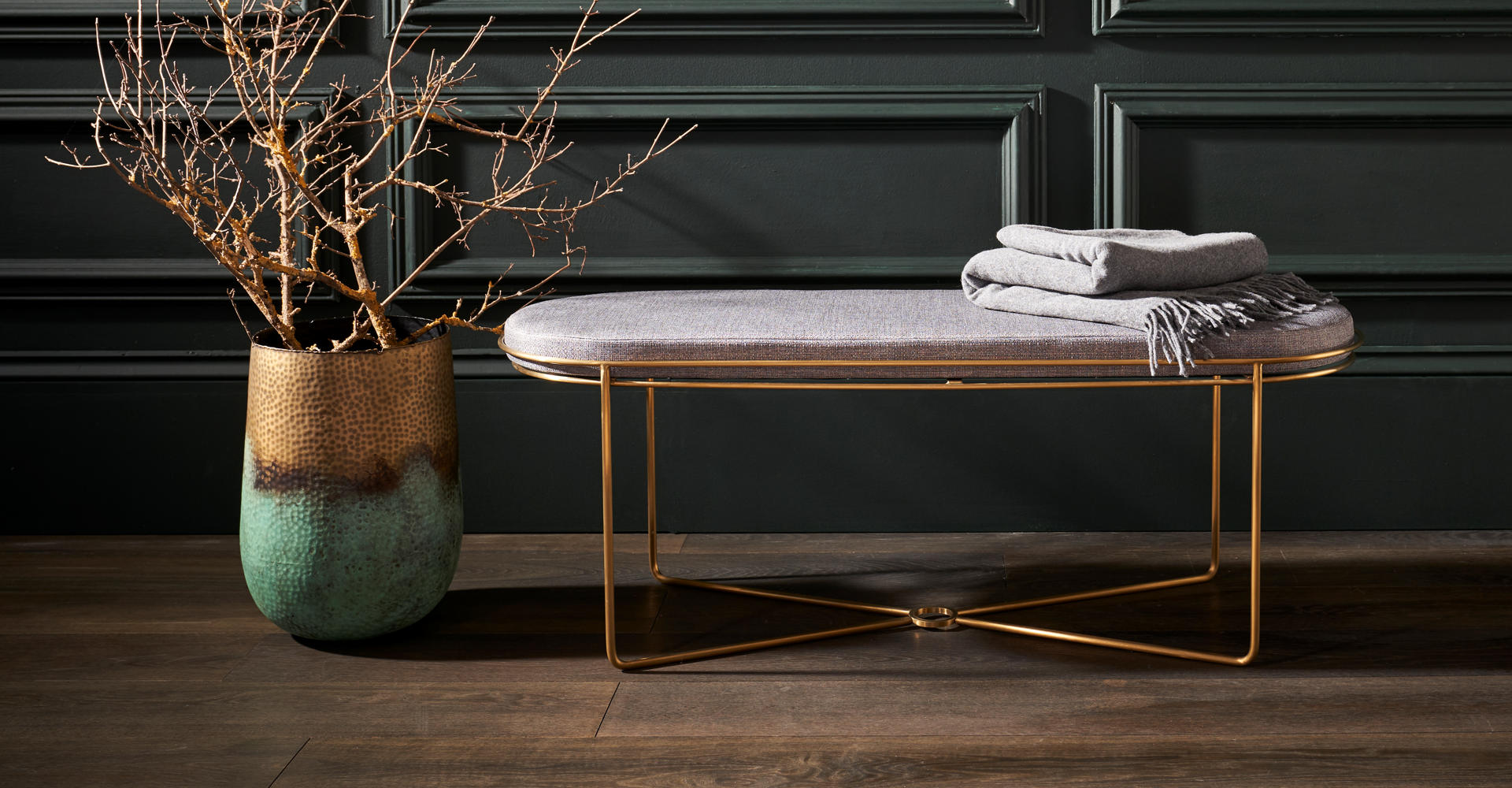 Finn Upholstered Ottoman With Satin Brass Base © GillmoreSPACE Ltd