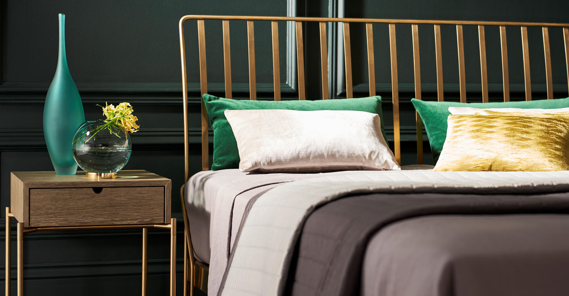 Finn Brass Bed Headboard Detail With Iris Side Table by Gillmore © GillmoreSPACE Ltd