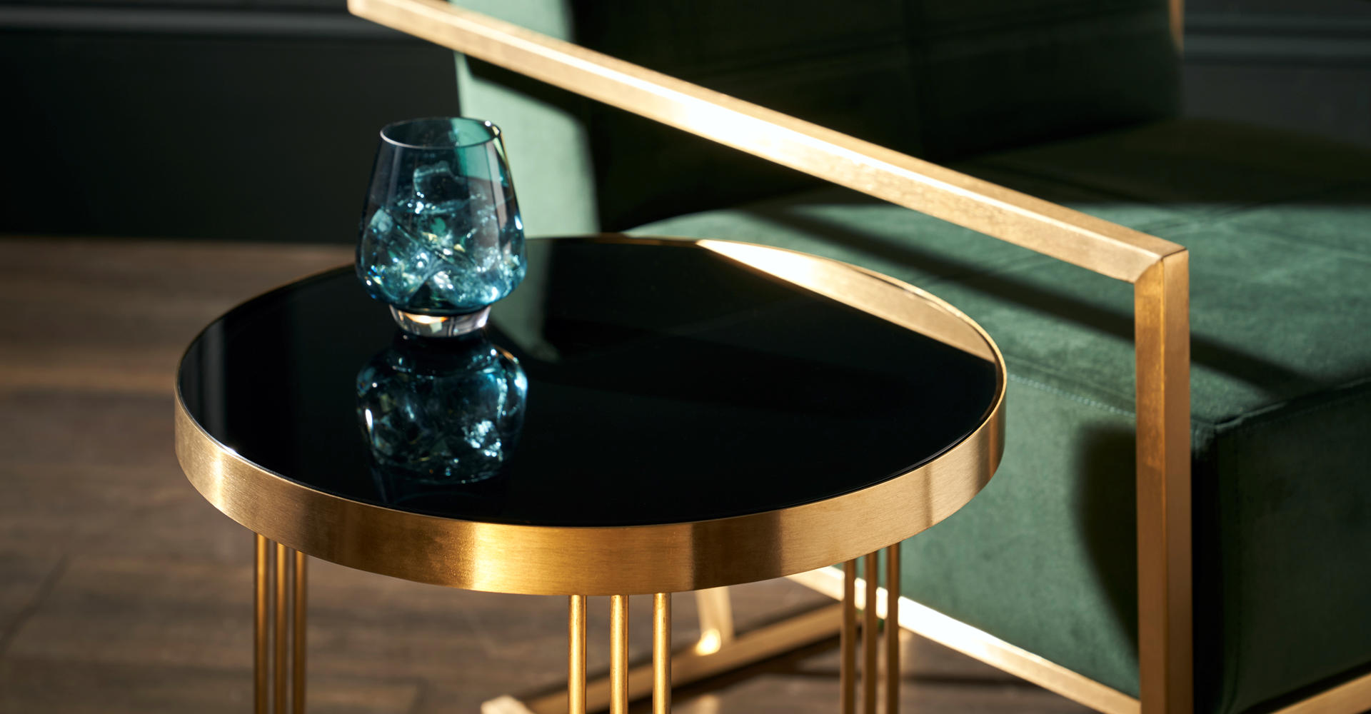 Finn Side Table With Black Glass & Brushed Brass Frame Detail © GillmoreSPACE Ltd