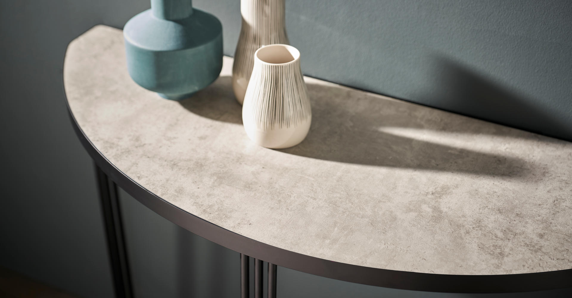 Finn Demi Lune Console Table Light Stone Laminate Top & Black Frame © GillmoreSPACE Ltd