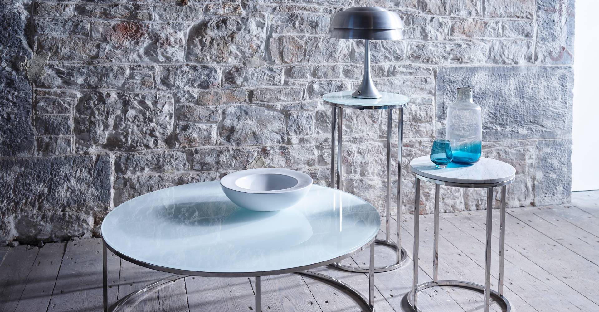 Kensal Round Tables White Glass With Chrome Base by Gillmore © GillmoreSPACE Ltd