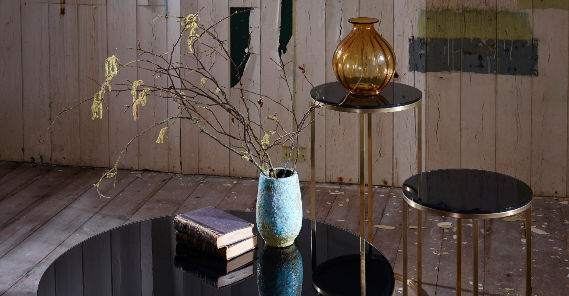 Kensal Round Coffee & Side Tables - Black Glass & Brass Base © GillmoreSPACE Ltd