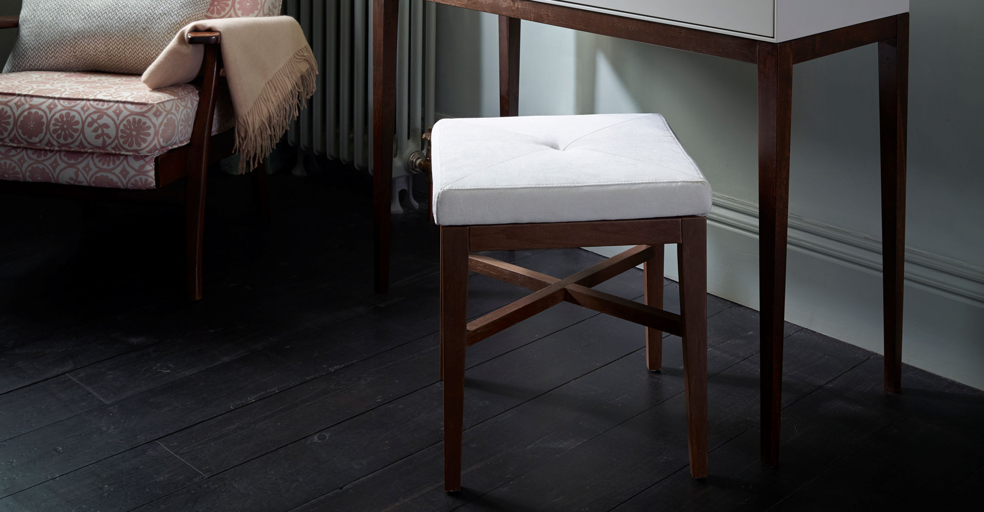 Lux Off-White Upholstered Square Stool On Walnut Base by Gillmore © GillmoreSPACE Ltd