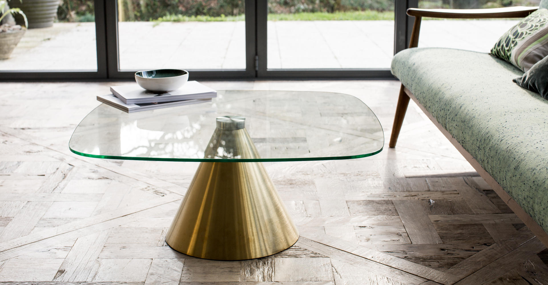 Oscar Clear Glass & Brushed Brass Pedestal Square Coffee Table © GillmoreSPACE Ltd