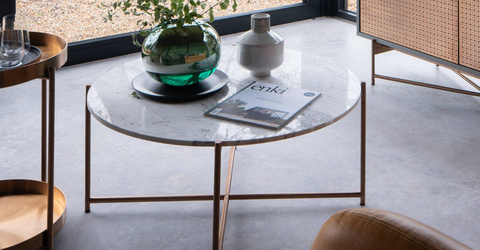 Adriana White Marble & Bronze Coffee Table with Bronze Side Table © GillmoreSPACE Ltd