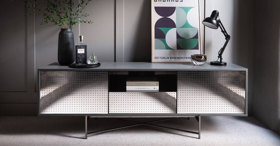 Adriana Large Media Sideboard with Dark Chrome Perforated Steel by Gillmore British Design © GillmoreSPACE Ltd