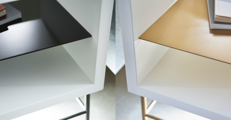 Alberto White Side Tables With Brass & Dark Chrome Features © GillmoreSPACE Ltd