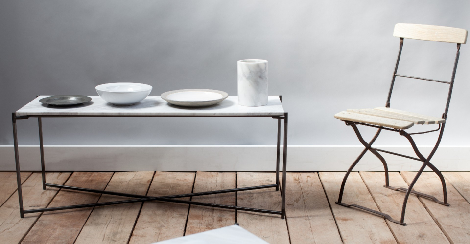 Iris White Marble And Brass Base Low Console Table by Gillmore © GillmoreSPACE Ltd