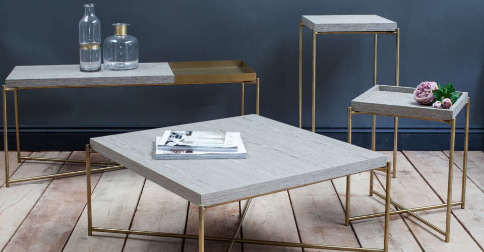 Iris Weathered Oak And Brass Base Tables by Gillmore © GillmoreSPACE Ltd