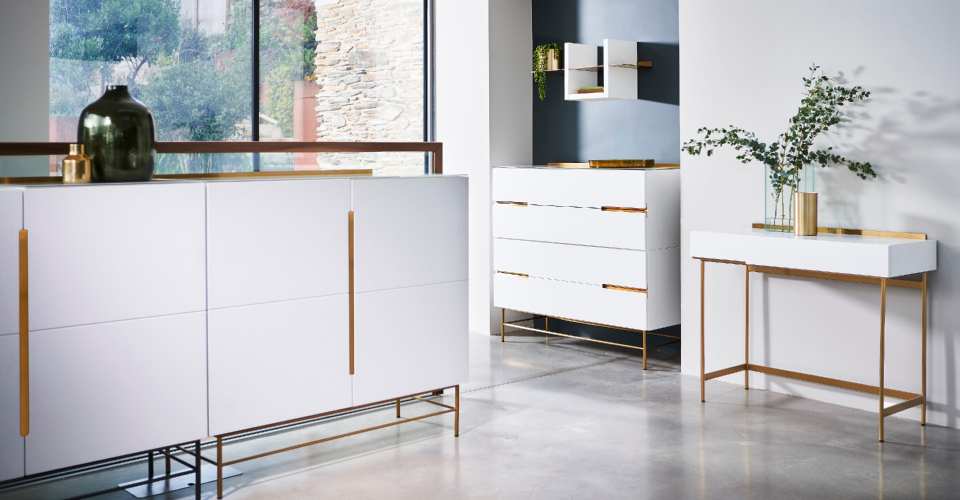 Alberto White & Brass 4 Door Sideboard, Wide 4 Drawer Chest & Dressing Table © GillmoreSPACE Ltd