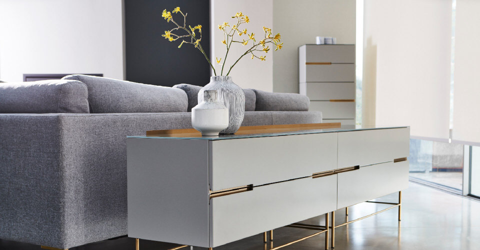 Alberto Grey & Brass Four Drawer Low Sideboard © GillmoreSPACE Ltd