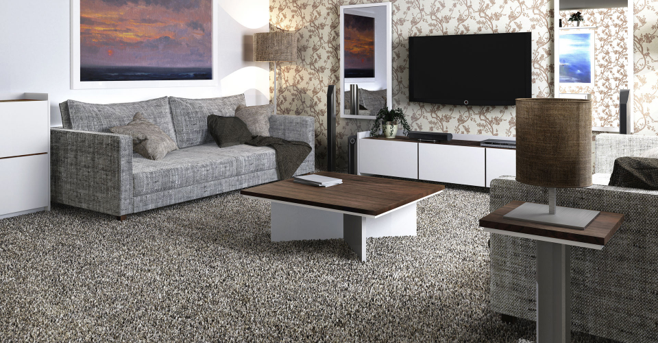 Essentials Walnut & White Living Room Set ft. Low TV & Media Unit, Square Coffee & Side Tables © GillmoreSPACE Ltd