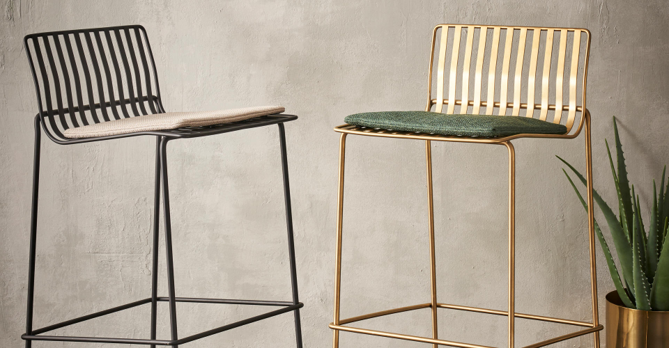 Finn Bar Stools In Brushed Brass & Matt Black Frames © GillmoreSPACE Ltd