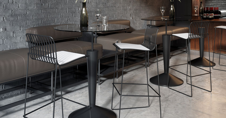 Iona Poseur Clear Glass Round Bar Tables with Matt Black Pedestal Ft. Finn Black Bar Stools © GillmoreSPACE Ltd