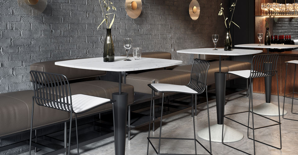 Iona Square Poseur Bar Table with White Marble Top, Black Stem & Concrete Base © GillmoreSPACE Ltd
