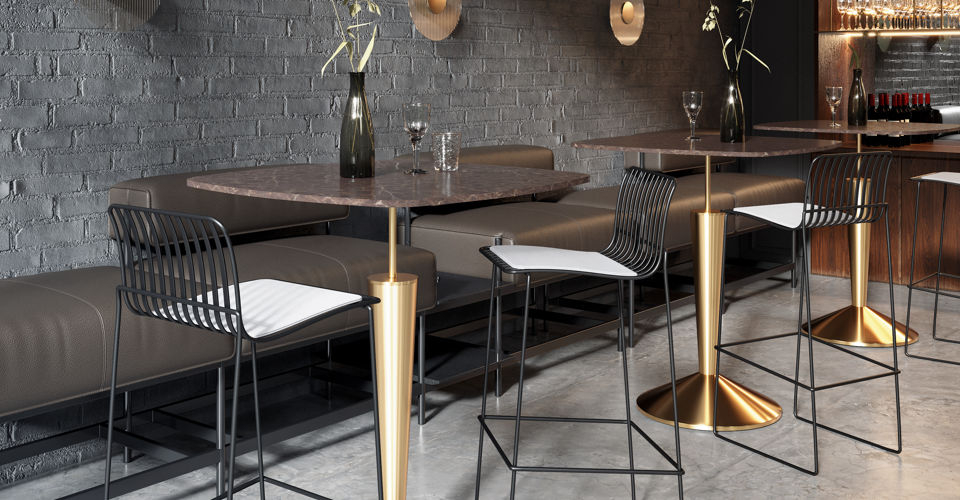 Iona Square Poseur Bar Table with Brown Marble Top & Brushed Brass Stem & Base © GillmoreSPACE Ltd