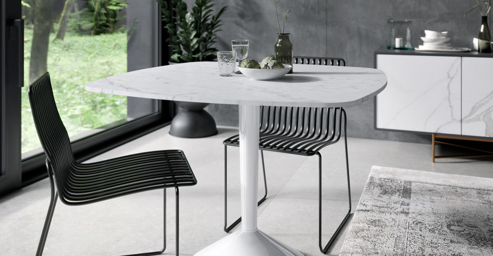 Iona Large Square White Marble Dining Table with Gloss White Pedestal & Base © GillmoreSPACE Ltd