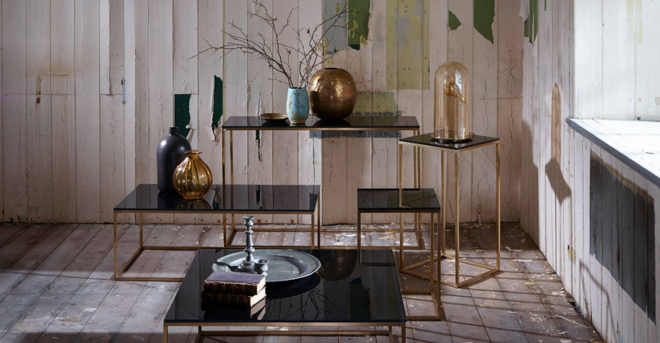 Kensal Square Tables - Black Glass & Brass Base © GillmoreSPACE Ltd