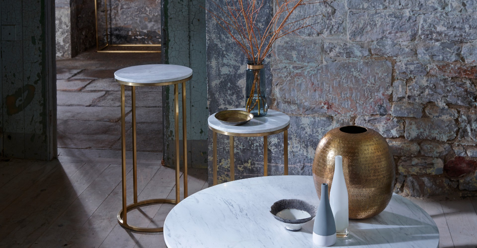 Kensal White Marble And Brass Base Round Tables by Gillmore © GillmoreSPACE Ltd